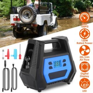 Portable Tire Inflator 150 PSI 120W Max Power Tire Pump with Digital Display LED Light Inflatable Nozzle Needle Fuse Air Compressor for Bikes Motorbik - Image 6