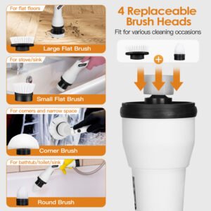 Electric Spin Scrubber Cordless Handheld Rechargeable Cleaning Brush with 4 Replaceable Heads 600/1000RPM Speeds 26/50in Length 20V/2.0Ah Battery for - Image 10