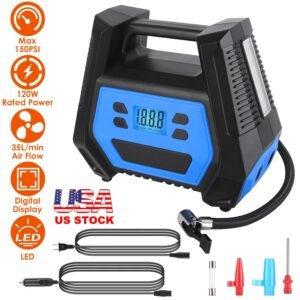 Portable Tire Inflator 150 PSI 120W Max Power Tire Pump with Digital Display LED Light Inflatable Nozzle Needle Fuse Air Compressor for Bikes Motorbik - Image 3
