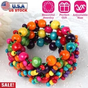 Multi-Color Wooden Beaded Stretchy Bracelet Colorful Exotic Style Elastic Bracelets For Women Girls Children - Image 2