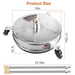 15in High Pressure Washer Flat Surface Cleaner 4000PSI Stainless Steel Disc Power Washer Broom with 3 Wheels 2 Washer Extension Wands 2 Replacement No - Image 13