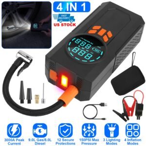 3000A 150PSI 12V Portable Jump Starter with Air Compressor 9.0L Gas/8.0L Diesel Jumper Box with 3 Light Modes Power Bank LCD Display - Image 7