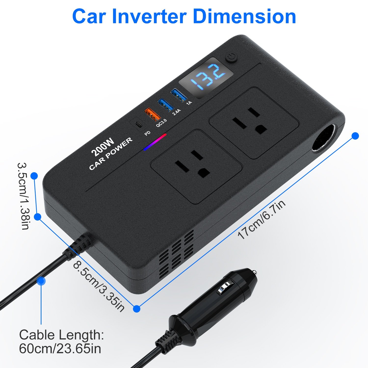 200W 12V Car Inverter DC12V to AC110V Vehicle Power Converter with 2 110V AC Outlets 1 Type-C 3 USB Ports Quick Charge Overheat Protection Voltage Dis - Image 12