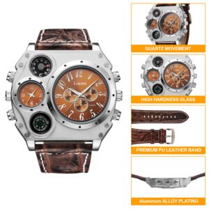 Men?s Quartz Watch Two Time Zone Big Face Military Style Compass Thermometer Decorative Dial PU Leather Strap - Image 11