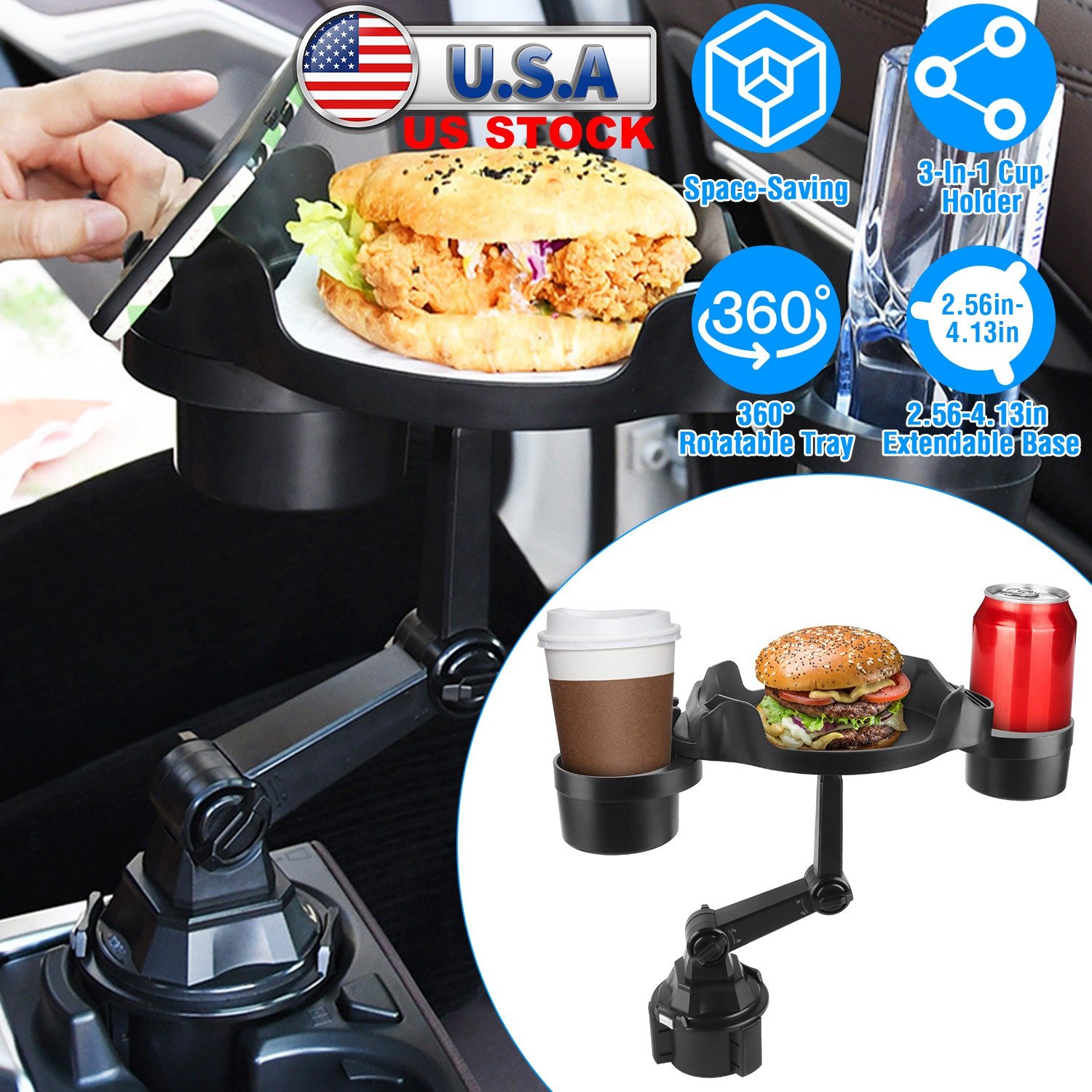 Car Cup Holder Expander 360? Rotating Car Tray Bottle Holder Adapter Multifunctional Water Cup Mount Stand with Phone Slot - Image 3