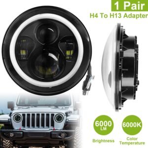 2 X 7" 6000LM Round LED Headlight Halo Angel Eyes for Jeep Wrangler TJ JK CJ w/H4 to H13 Adapter Plug and Play - Image 3