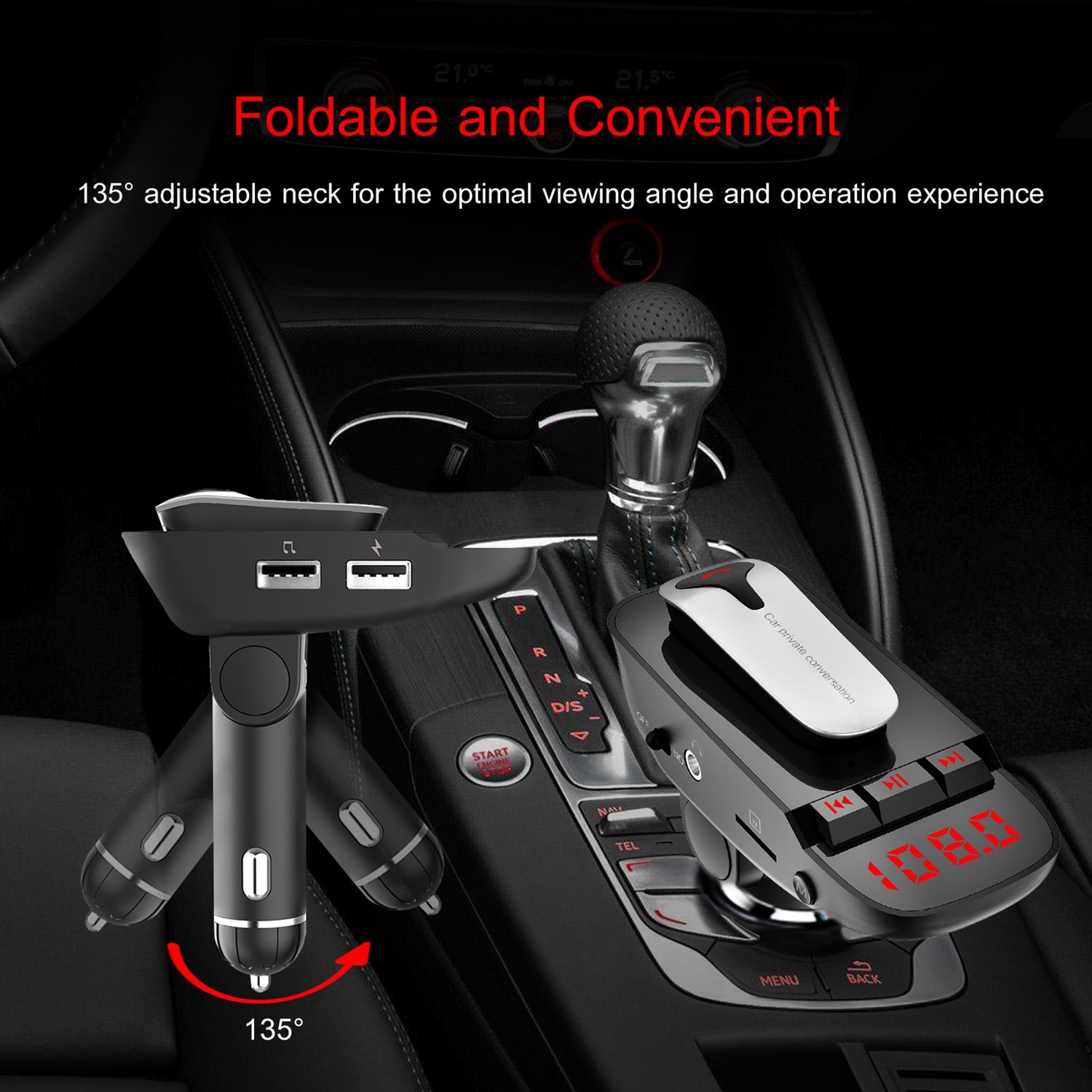 Car FM Transmitter w/ Wireless Earpiece 2 USB Charge Ports Hands-free Call MP3 Player TF Card Aux-in - Image 8