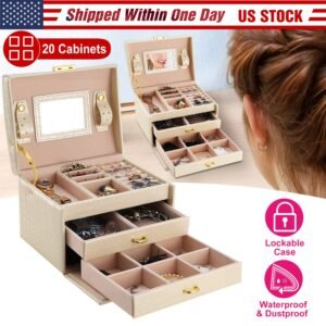 Jewelry Case Organizer 3-layer Lockable Travel Jewelry Box PU Leather Storage Display Case with Mirror Protective for Bracelets Earrings Rings Necklac - Image 4