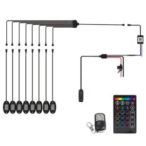 8 Pods RGB LED Rock Lights?DC12V Car Neon Light Kit IP68 Waterproof Underglow Lights with Double Remote Controls Wireless APP Control?for Jeep Truck U