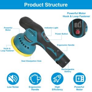 Cordless Car Buffer Polisher with 2Pcs 1500mAh Rechargeable Batteries 8 Speed Levels Wireless Polishing Waxer Machine Kit for Car Detailing - Image 4