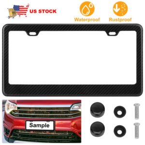 License Plate Frame Rustproof Waterproof Carbon Fiber Black License Plate Frame 2 Holes w/ Bolts Washer Caps for USA/Canada Standard - Image 2