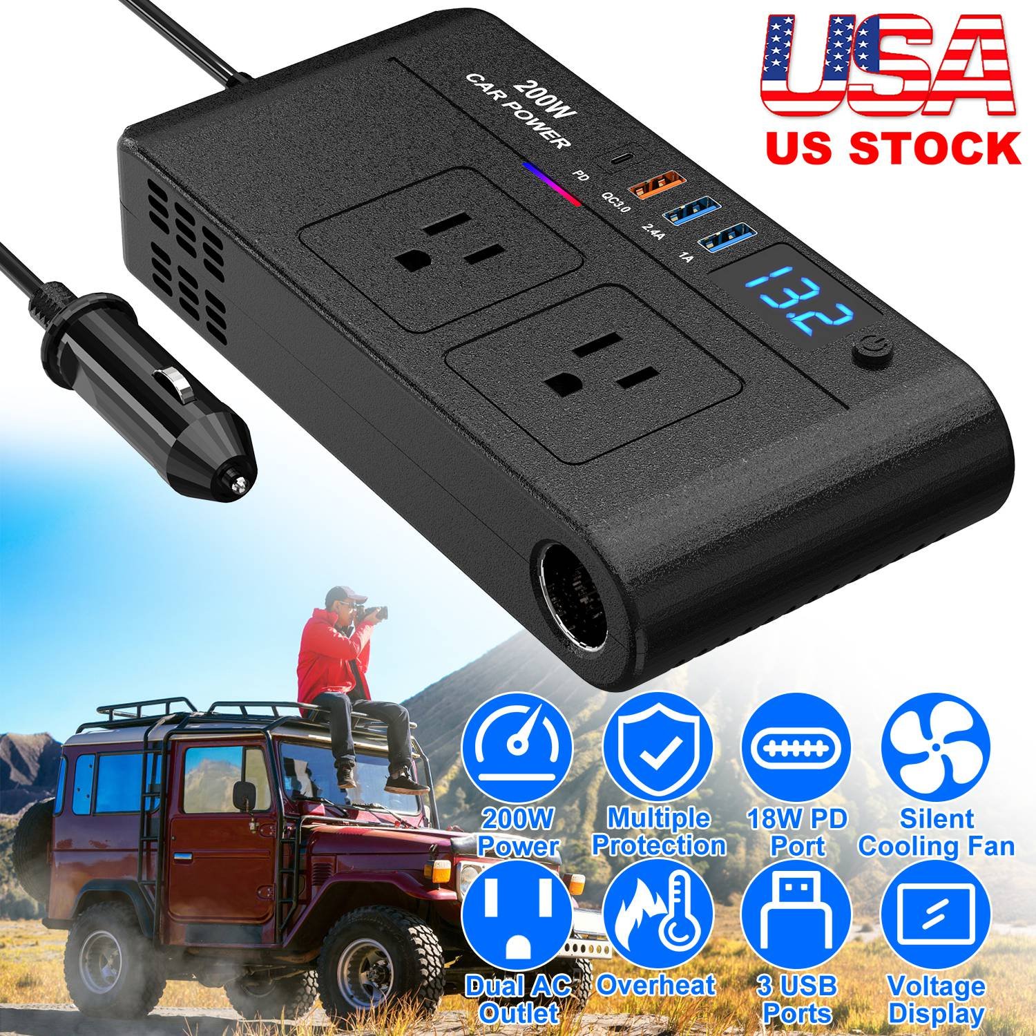 200W 12V Car Inverter DC12V to AC110V Vehicle Power Converter with 2 110V AC Outlets 1 Type-C 3 USB Ports Quick Charge Overheat Protection Voltage Dis - Image 5