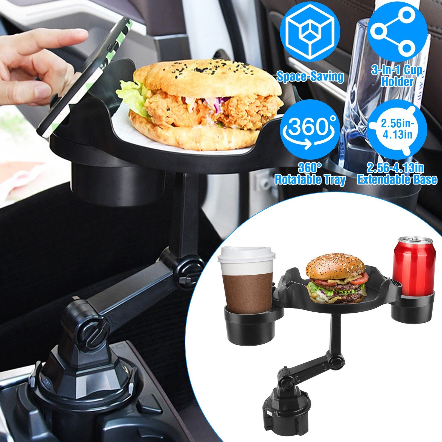 Car Cup Holder Expander 360? Rotating Car Tray Bottle Holder Adapter Multifunctional Water Cup Mount Stand with Phone Slot - Image 2