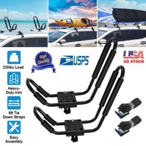 Title: 1 Pair Universal J-Bar Kayak Carrier 220LBS Load Heavy Duty Canoe Car Top Mount Carrier Roof Rack w/ 2Pcs Tie Down Straps - Image 3