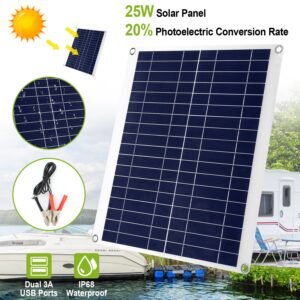 Outdoor Solar Panel 12V 25W Car Battery Charger IP68 Waterproof w/ 3.0A Dual USB Charging Clip Line For RV Car Boat - Image 3