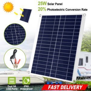 Outdoor Solar Panel 12V 25W Car Battery Charger IP68 Waterproof w/ 3.0A Dual USB Charging Clip Line For RV Car Boat - Image 2