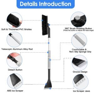 2 In 1 Ice Scraper Extendable Car Snow Brush Telescopic Snow Removal Tool Automobile Snow Shovel Frost Removal with 360? Pivoting Brush Head Sponge Gr - Image 11