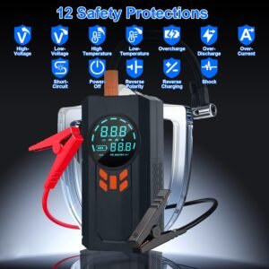 3000A 150PSI 12V Portable Jump Starter with Air Compressor 9.0L Gas/8.0L Diesel Jumper Box with 3 Light Modes Power Bank LCD Display - Image 9