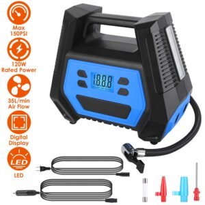 Portable Tire Inflator 150 PSI 120W Max Power Tire Pump with Digital Display LED Light Inflatable Nozzle Needle Fuse Air Compressor for Bikes Motorbik - Image 2