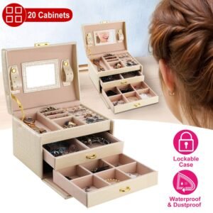 Jewelry Case Organizer 3-layer Lockable Travel Jewelry Box PU Leather Storage Display Case with Mirror Protective for Bracelets Earrings Rings Necklac - Image 8