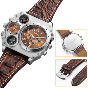 Men?s Quartz Watch Two Time Zone Big Face Military Style Compass Thermometer Decorative Dial PU Leather Strap - Image 9