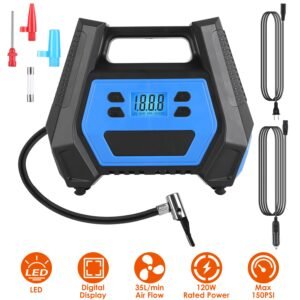 Portable Tire Inflator 150 PSI 120W Max Power Tire Pump with Digital Display LED Light Inflatable Nozzle Needle Fuse Air Compressor for Bikes Motorbik - Image 4
