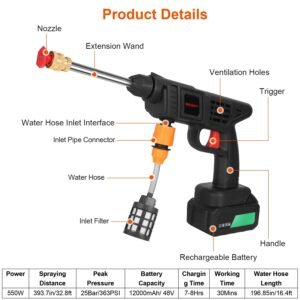 Cordless Pressure Washer Portable Electric Power Washer High Pressure Water Sprayer 363PSI Car Washer Cleaner with 12000mAh 48V Rechargeable Battery a - Image 9