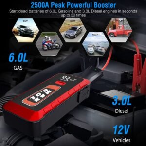 Car Jump Starter Booster 2500A Peak 25800mAh Battery Charger Power Bank with 4 Modes LED Flashlight for Up to 6.0L Gas or 3.0L Diesel Engine Car - Image 8