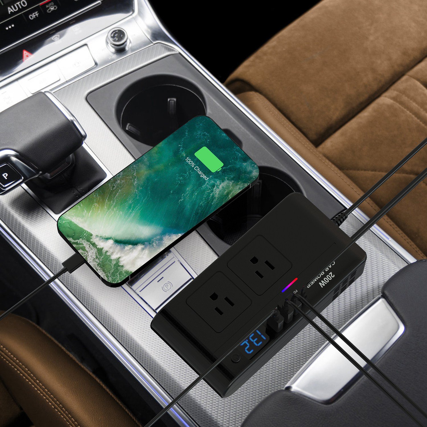 200W 12V Car Inverter DC12V to AC110V Vehicle Power Converter with 2 110V AC Outlets 1 Type-C 3 USB Ports Quick Charge Overheat Protection Voltage Dis - Image 13