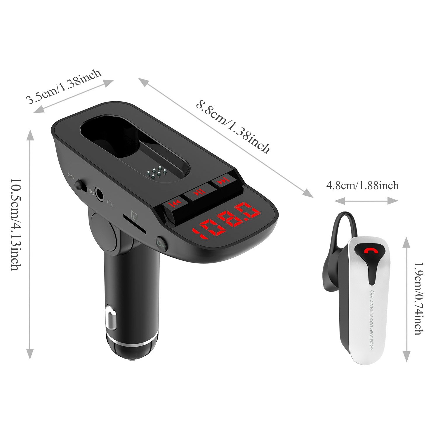 Car FM Transmitter w/ Wireless Earpiece 2 USB Charge Ports Hands-free Call MP3 Player TF Card Aux-in - Image 14