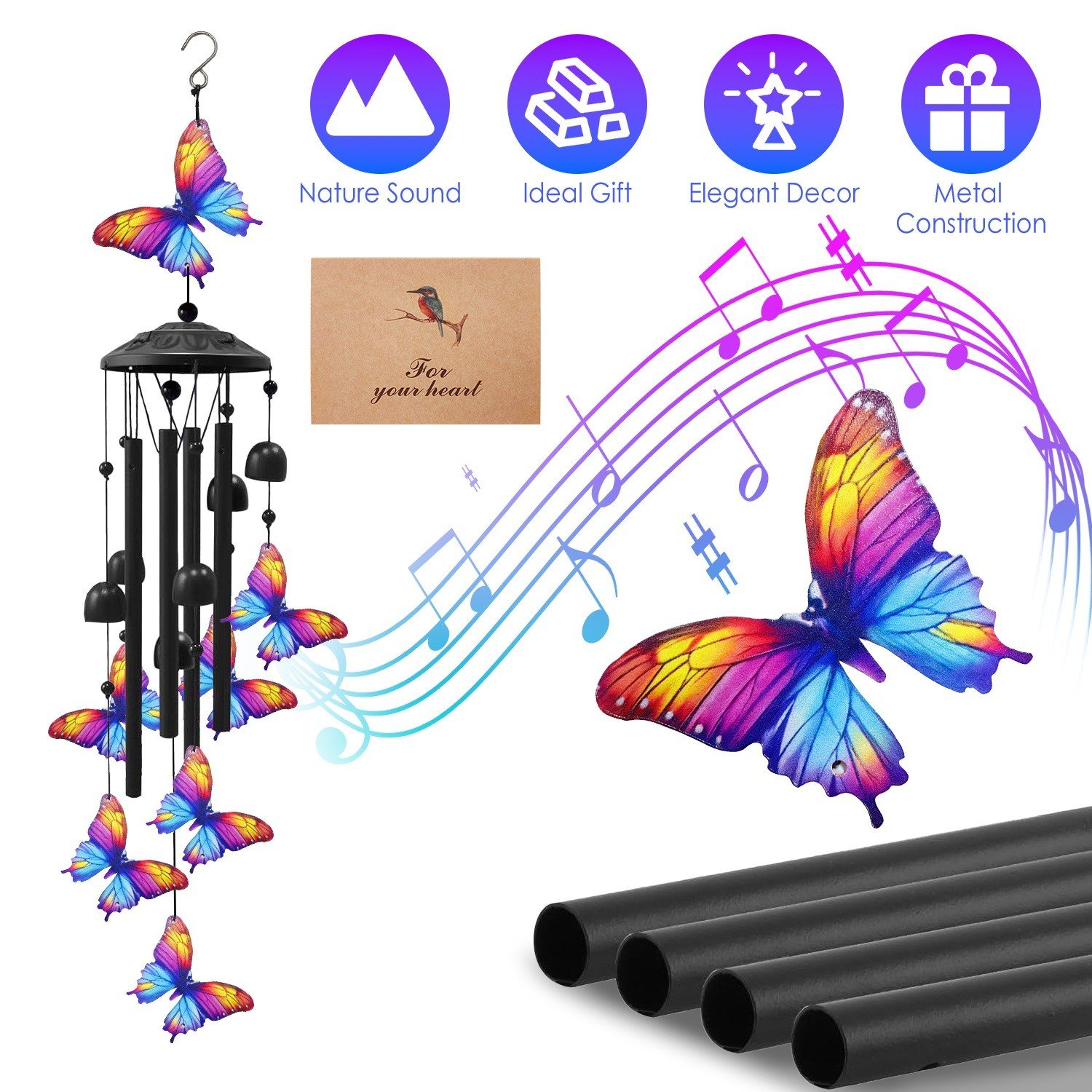 37" Colorful Butterfly Metal Wind Chimes Outdoor Garden 4 Tubes Yard Home Decor