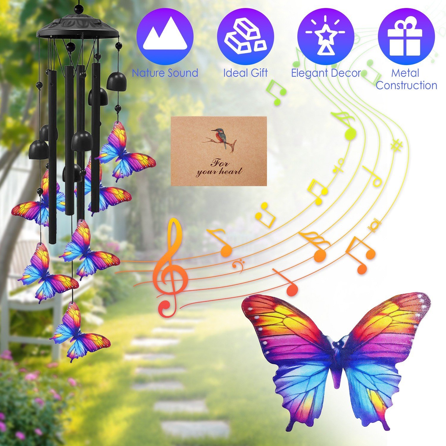 37" Colorful Butterfly Metal Wind Chimes Outdoor Garden 4 Tubes Yard Home Decor - Image 2