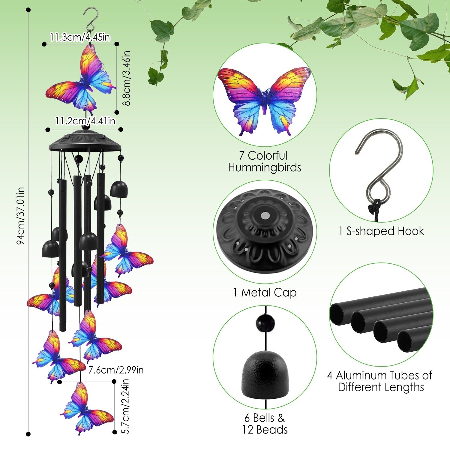 37" Colorful Butterfly Metal Wind Chimes Outdoor Garden 4 Tubes Yard Home Decor - Image 4