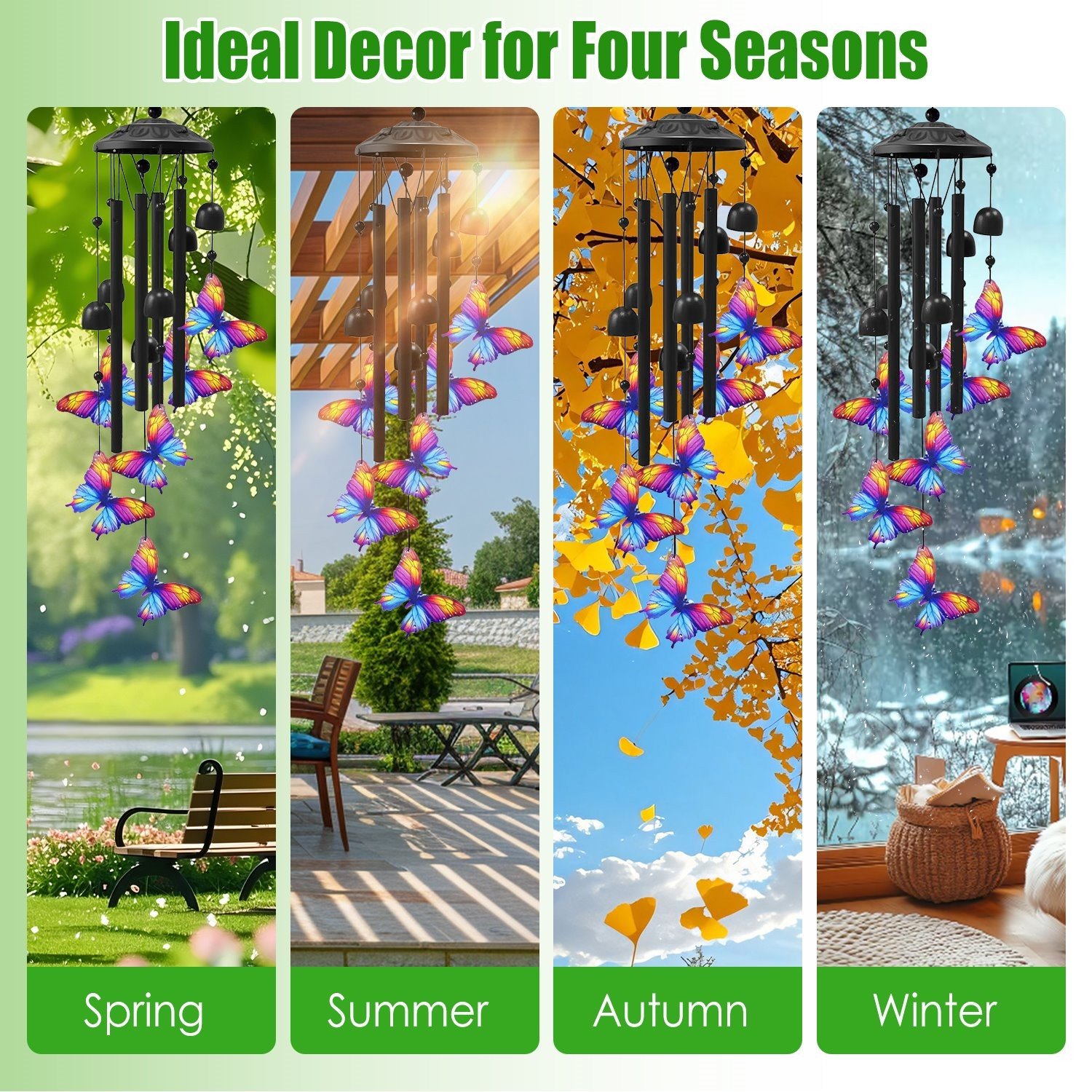 37" Colorful Butterfly Metal Wind Chimes Outdoor Garden 4 Tubes Yard Home Decor - Image 5