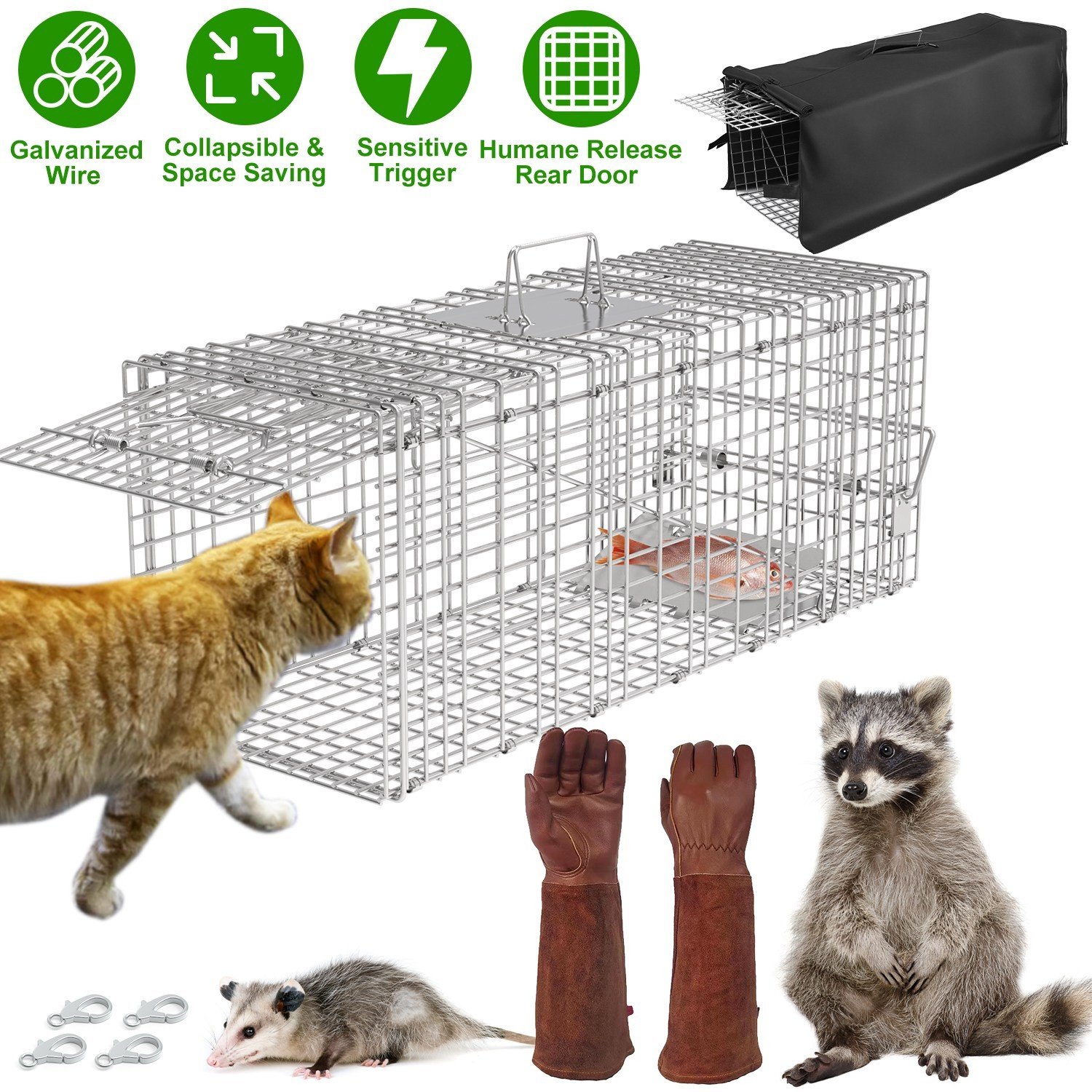 30.5x11.8x11" Humane Cat Trap Cage With Waterproof Cover Gloves for Cat Raccoon - Image 2