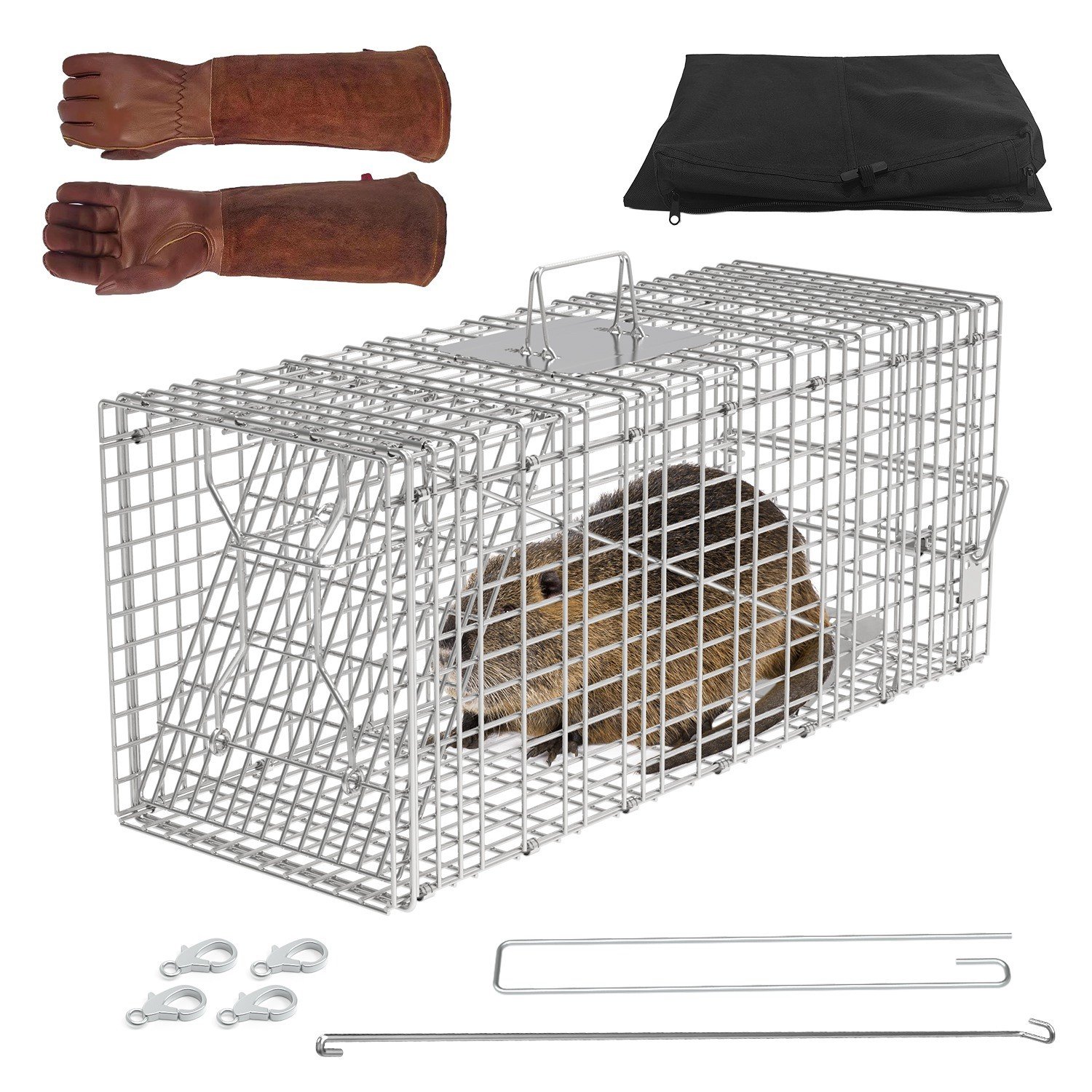 30.5x11.8x11" Humane Cat Trap Cage With Waterproof Cover Gloves for Cat Raccoon - Image 4