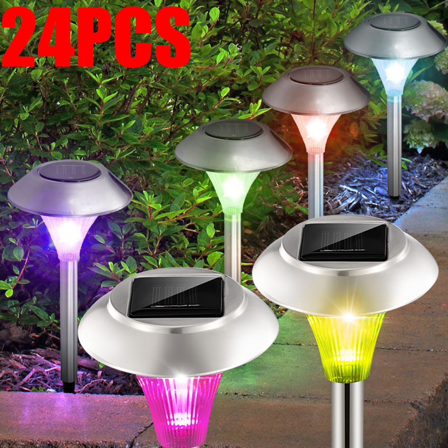 24 Pack Solar Pathway Lights Outdoor Waterproof 7 Color Changing Garden Lights