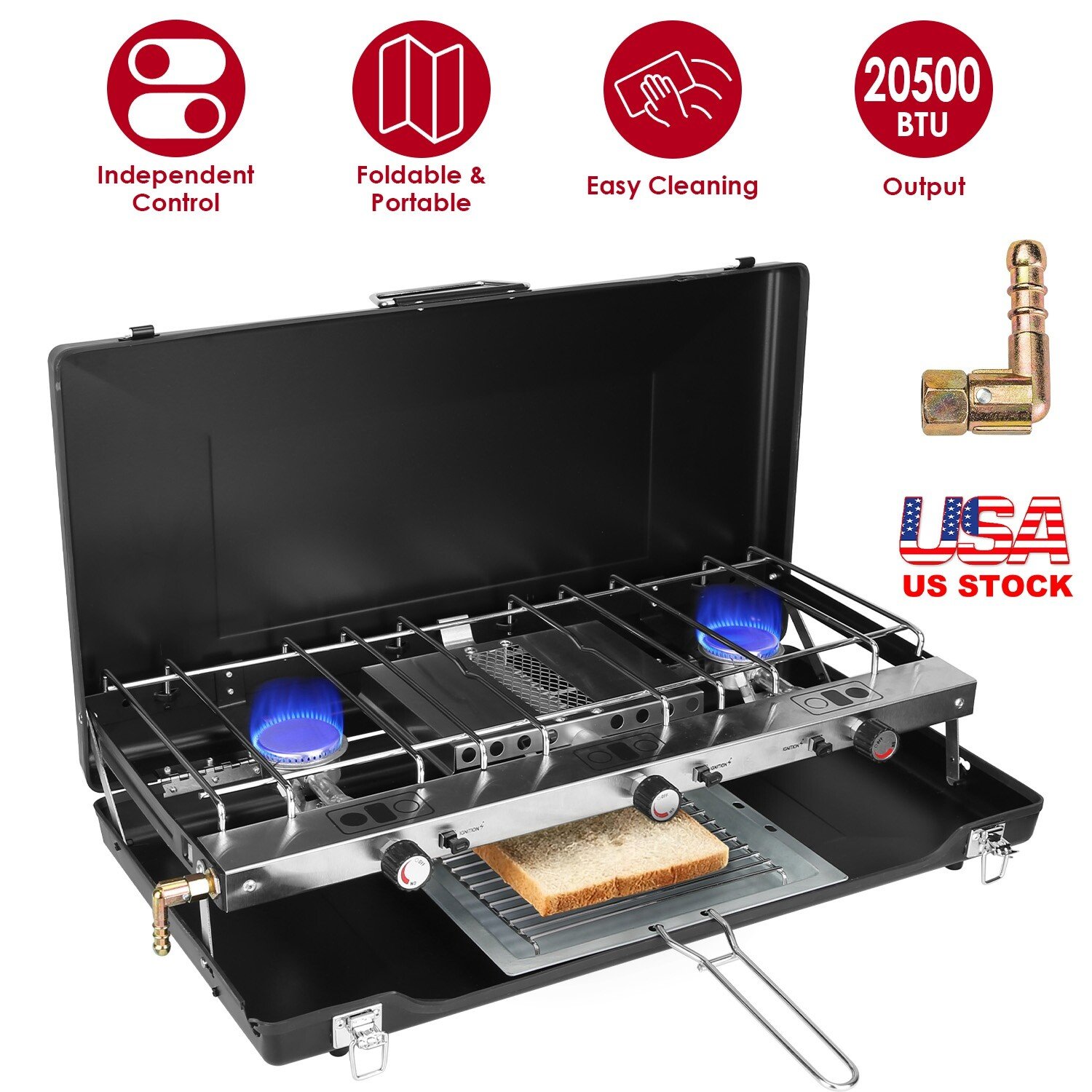 3 Burner Outdoor Camping Stove 20000 Propane Gas Cooker W/ Windscreen Toast Tray - Image 2