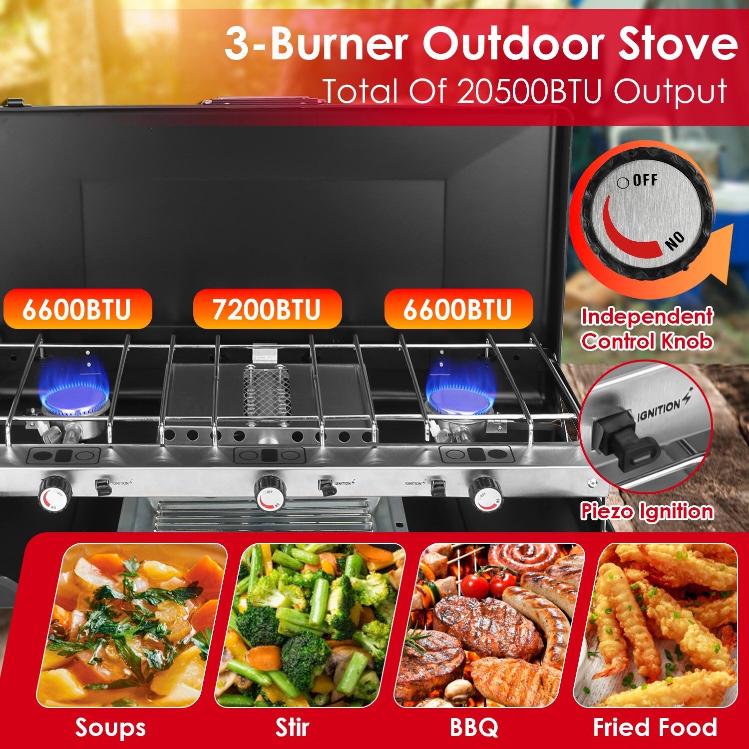 3 Burner Outdoor Camping Stove 20000 Propane Gas Cooker W/ Windscreen Toast Tray - Image 3