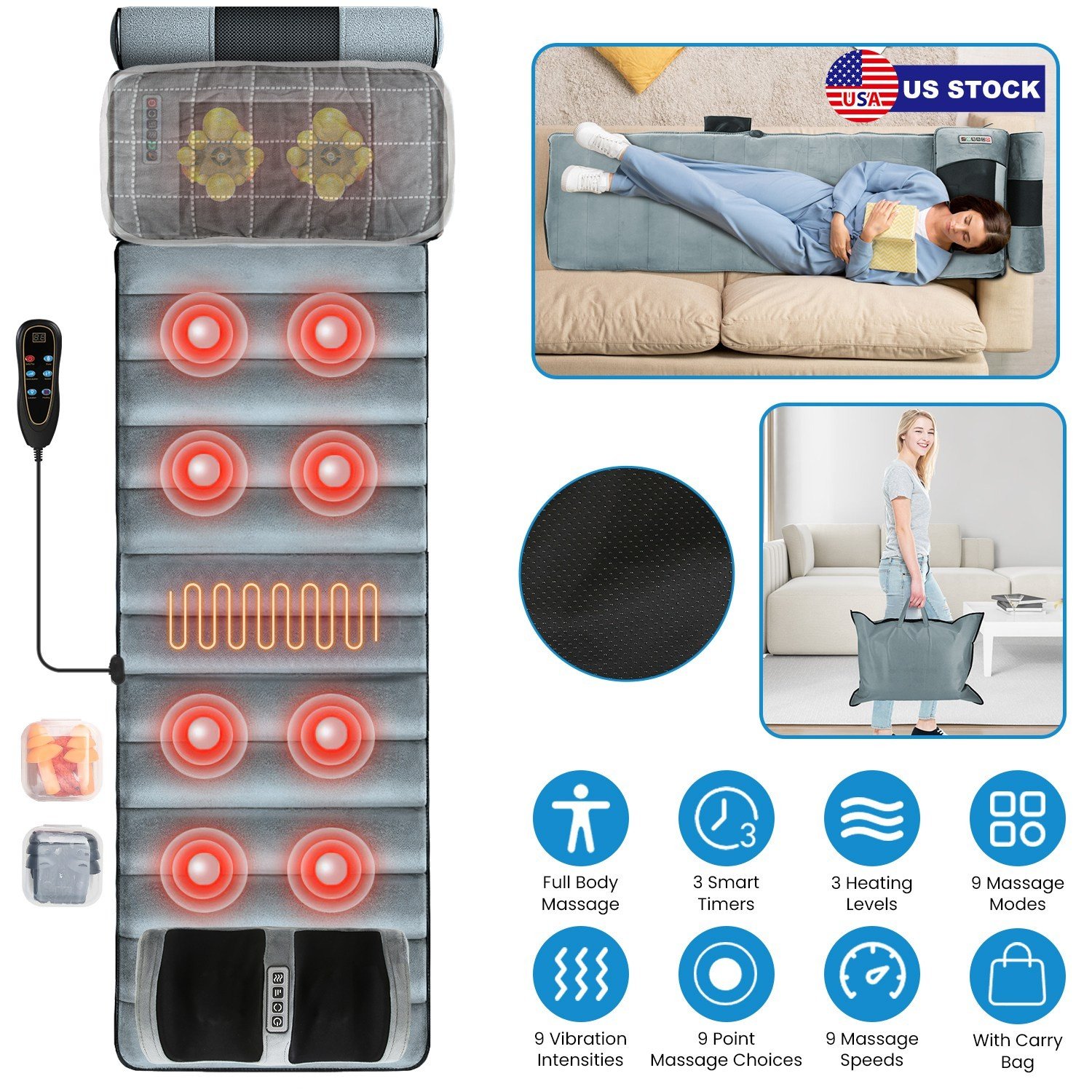 Full Body Massage Mat Heating Vibration Massage Pad Cushion Lumber Pillow Timer - Image 3