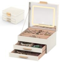 3-Layer Jewelry Boxes Rings Display Organizer w/ LED Mirror & 2 Drawers Holder