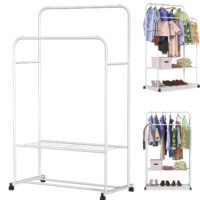 Double Garment Hanging Rack Clothes Hanging Stand Rolling Wheel Shoe Organizer