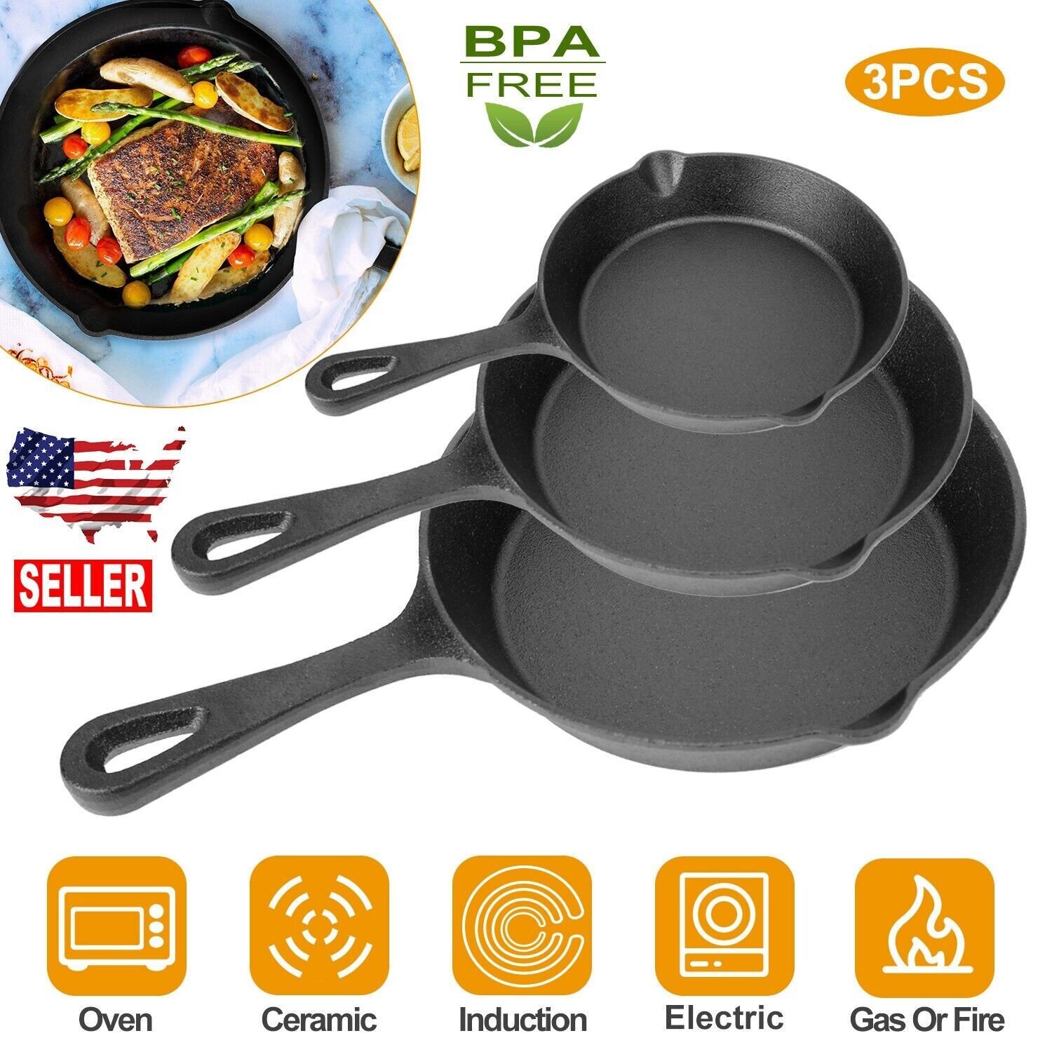 3 Pack Pre-Seasoned Cast Iron Skillet Set 6/ 8/10 IN Non-SticK Chef Frying Pans - Image 2