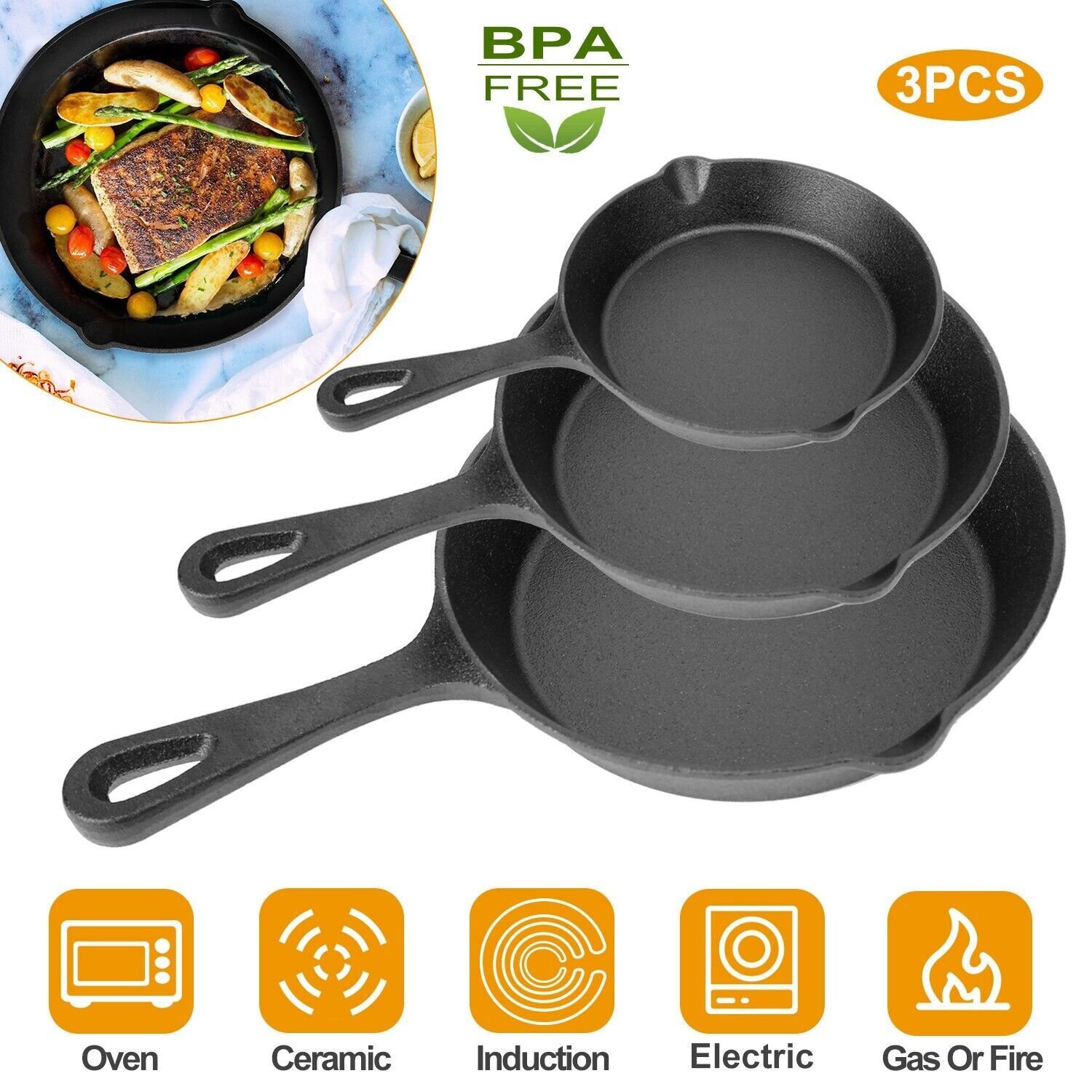 3 Pack Pre-Seasoned Cast Iron Skillet Set 6/ 8/10 IN Non-SticK Chef Frying Pans - Image 3