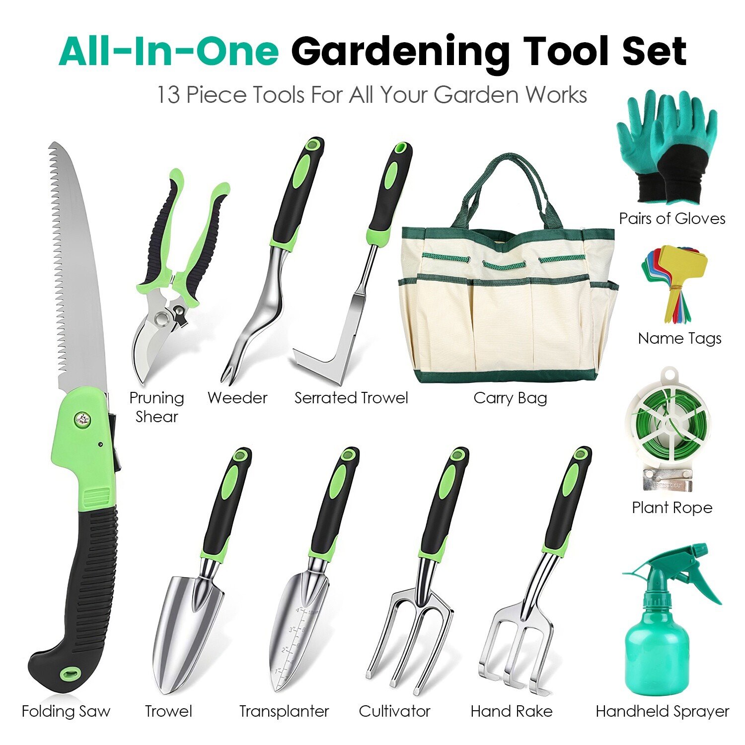 10Pcs Garden Tool Set, Heavy Duty Aluminum Gardening Hand Tool Kit w/Storage Bag - Image 4