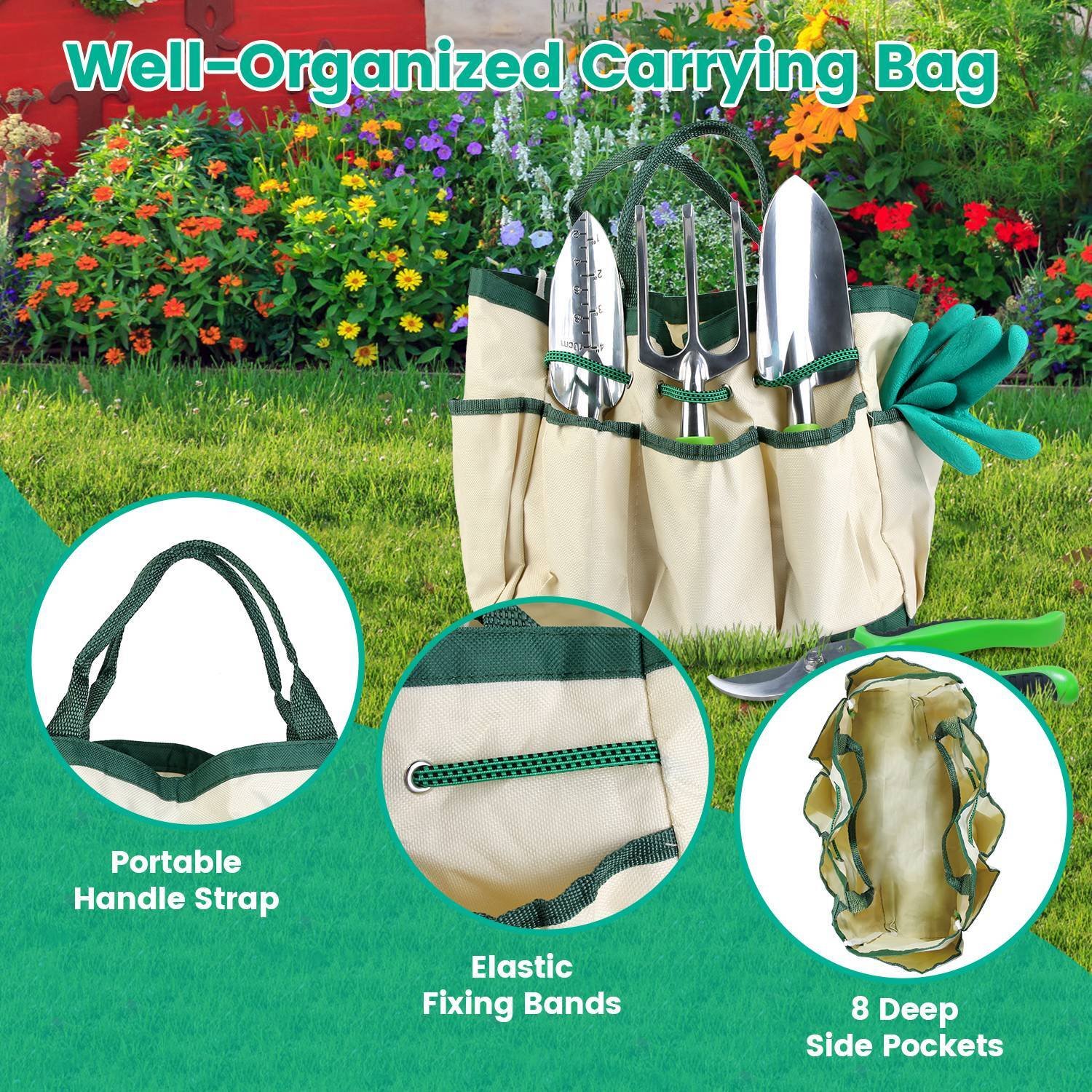 10Pcs Garden Tool Set, Heavy Duty Aluminum Gardening Hand Tool Kit w/Storage Bag - Image 5