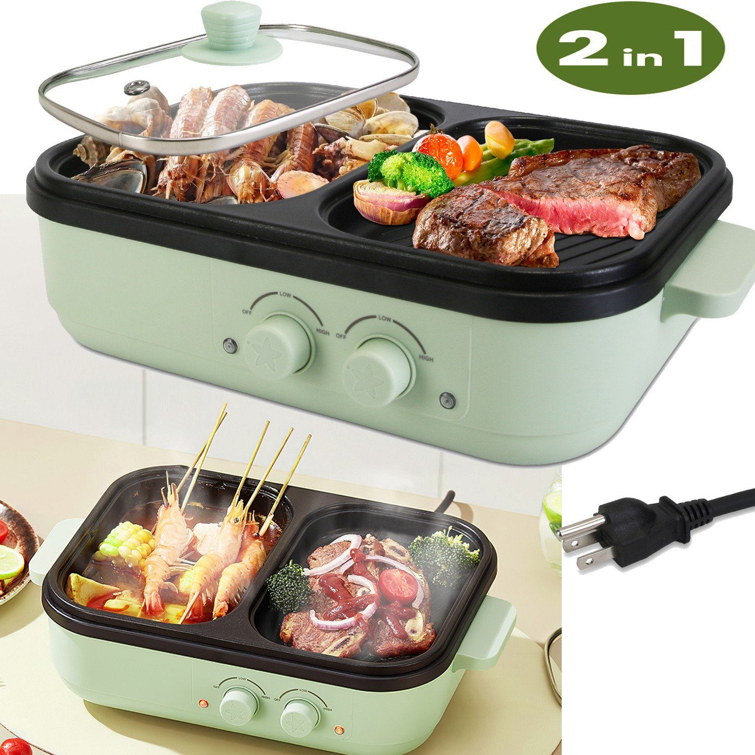 Electric Indoor Grill &Hot Pot Non-Stick 2in1 Cooker Pot Fast Heating Frying Pan 730056002207