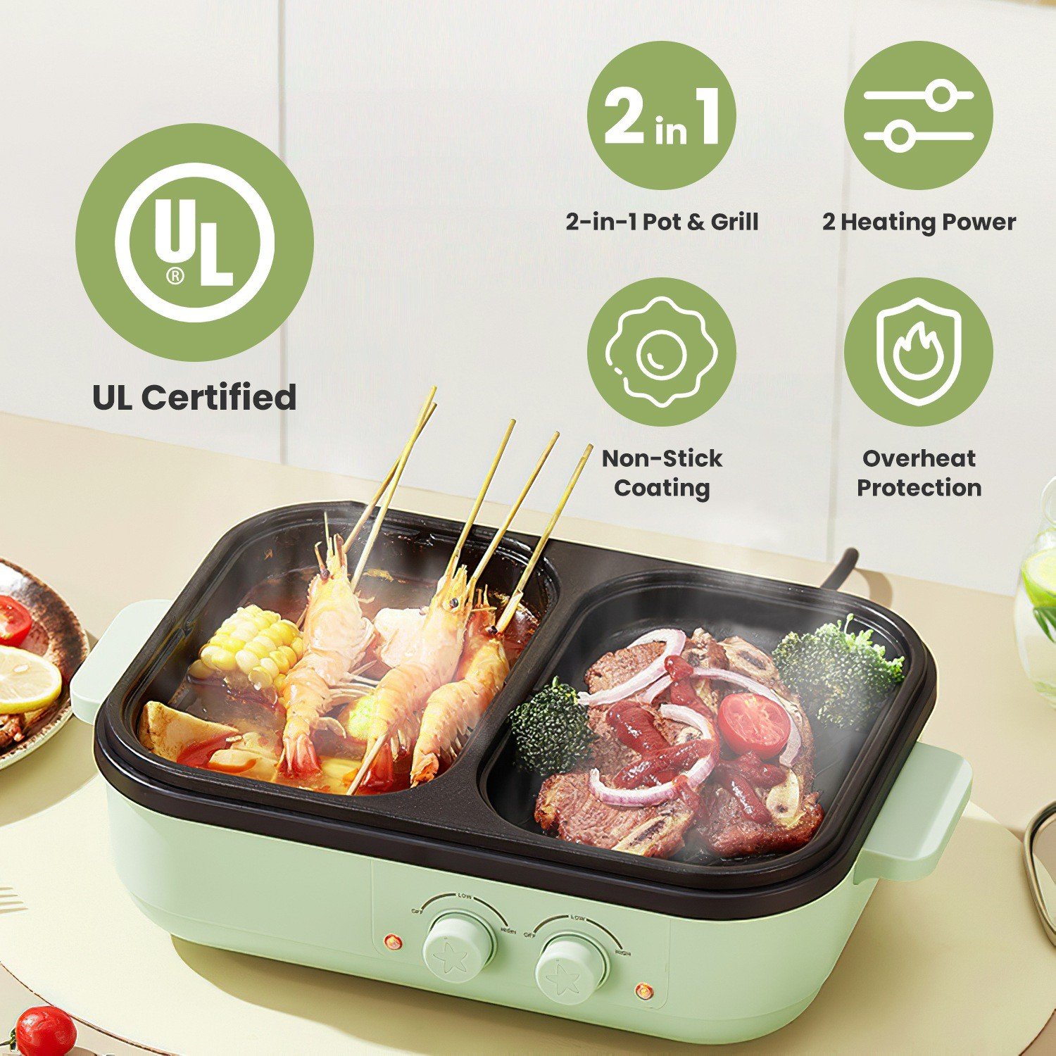 Electric Indoor Grill &Hot Pot Non-Stick 2in1 Cooker Pot Fast Heating Frying Pan 730056002207 - Image 3