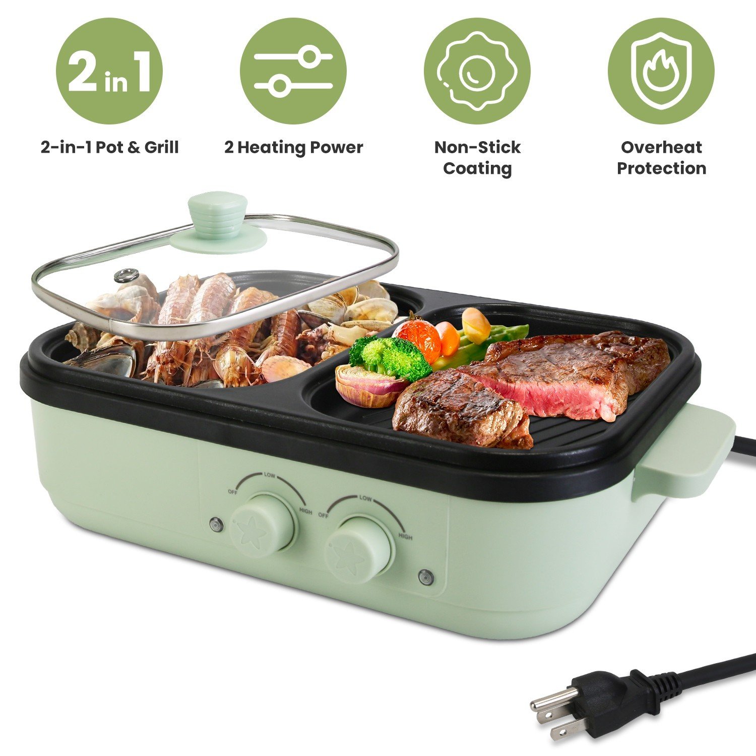 Electric Indoor Grill &Hot Pot Non-Stick 2in1 Cooker Pot Fast Heating Frying Pan 730056002207 - Image 5