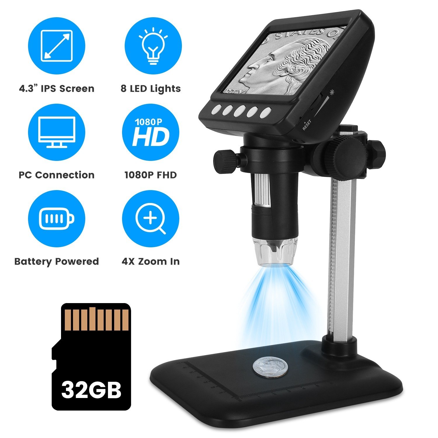 Digital Microscope 1000X 1080P Photo Coin Magnifier 4.3" LCD Screen W/ 32GB Card 730056001316
